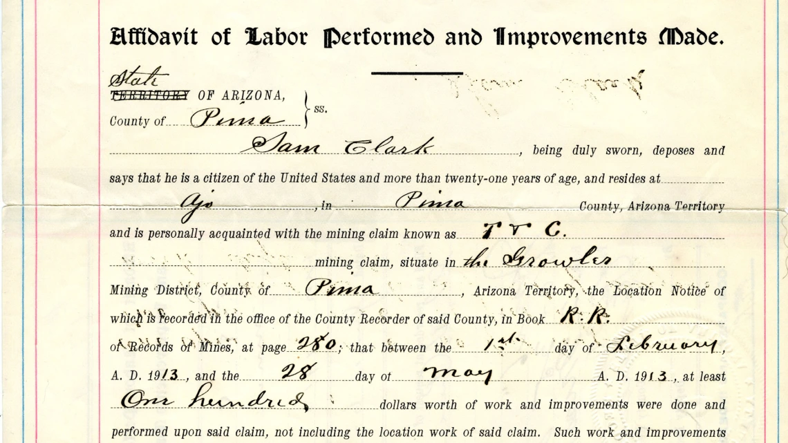 Mining Claim for T&C Mine Issued to Samuel Clark, June 6, 1913