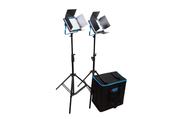 Two black light boxes on stands, with a box for storage.