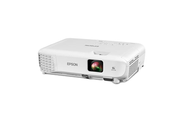 A white, boxy projector showing Epson branding and where the light emits.