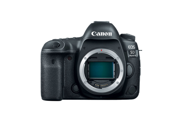 A black Canon 5D mark two DSLR camera with a lens mounted.